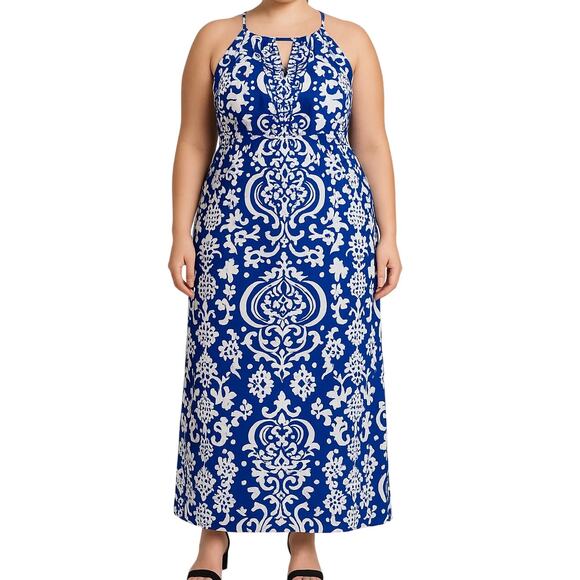 INC International Concepts Blue White Damask Maxi Dress 1X Halter Sequin Coastal - Picture 1 of 17